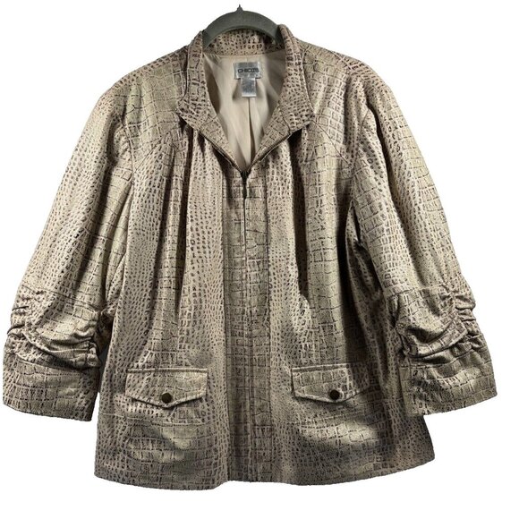 Chicos Women's Jacket Large Beige Snakeskin Lined Pockets Zip From 3/4 Sleeves - Picture 1 of 8
